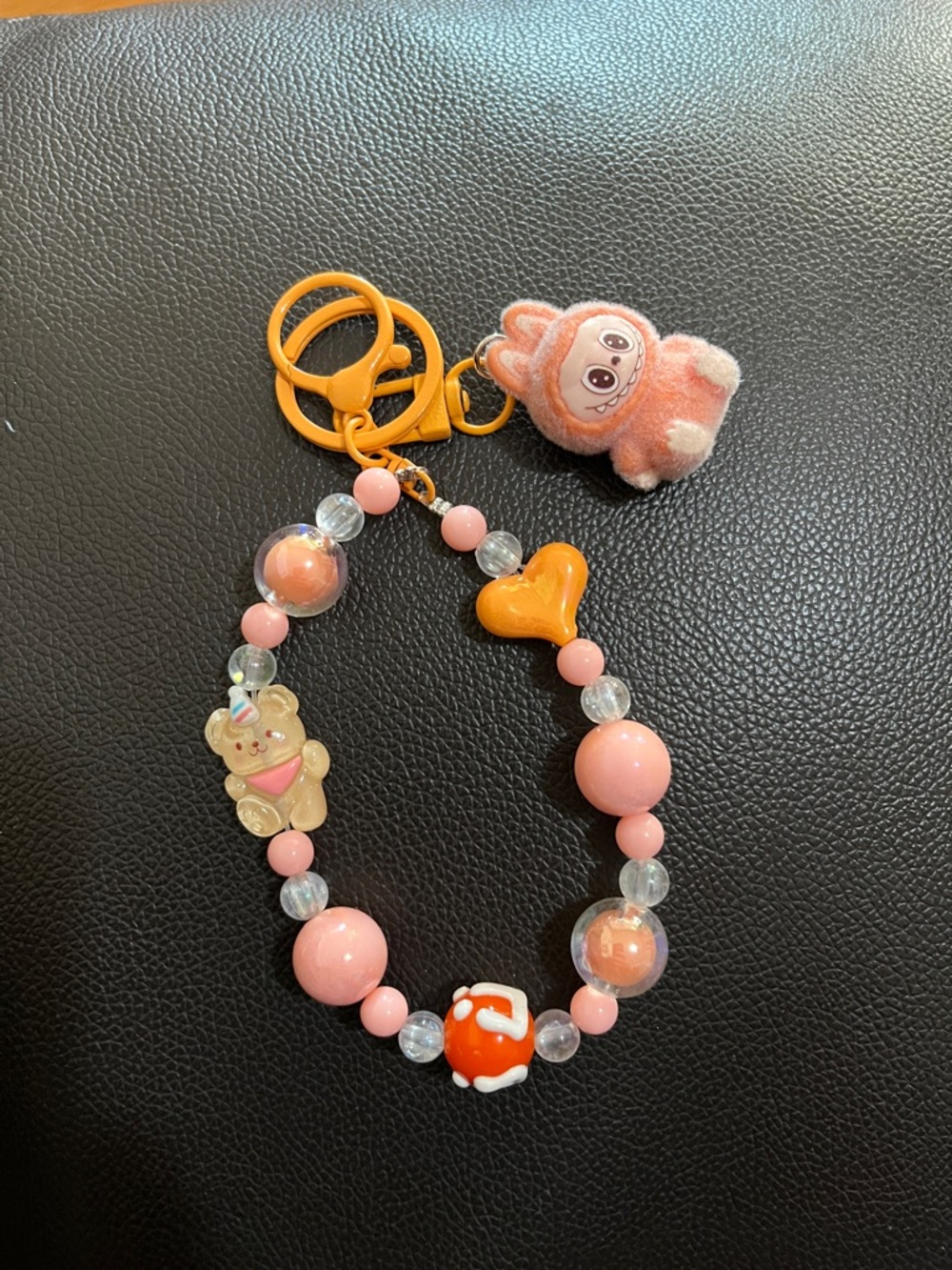 Cute Pink Beaded Keychain with Plush Charm